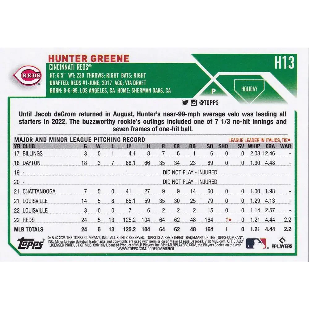 2023 Topps Holiday Hunter Greene H13 Cincinnati Reds